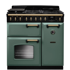 Rangemaster Classic Deluxe 90 CLDL90DFPMGR/AB1 90cm wide Dual Fuel Range Cooker with Gas Hob - Mineral Green / Antique Brass