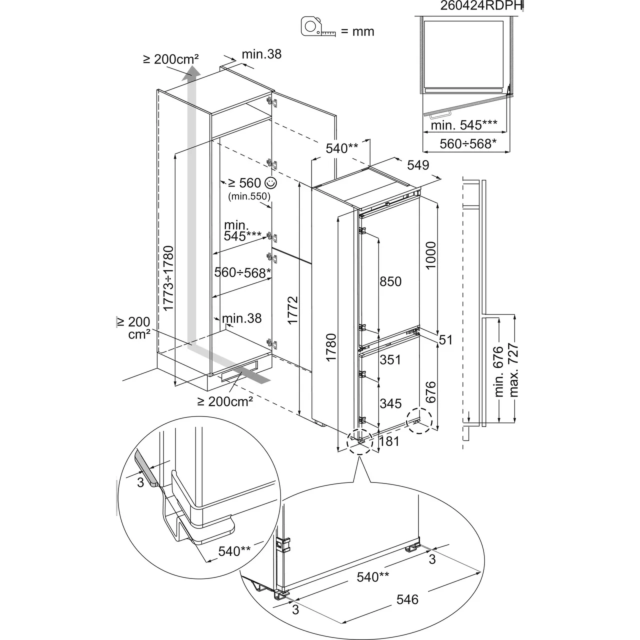 Aeg OSC7N181ES 177cm 70/30 Integrated Frost Free Fridge Freezer with Sliding Door Hinge - White