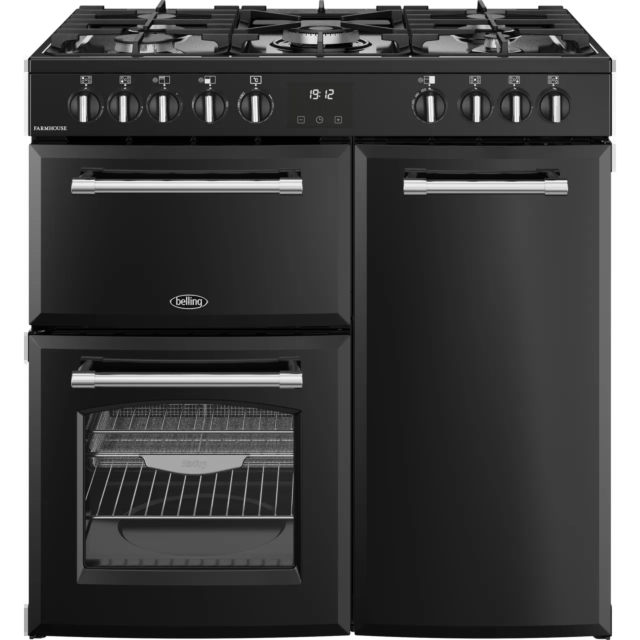 Belling 444411820 FARMHOUSE 90DF BLK Farmhouse 90DF 90cm wide Dual Fuel Range Cooker with Gas Hob -