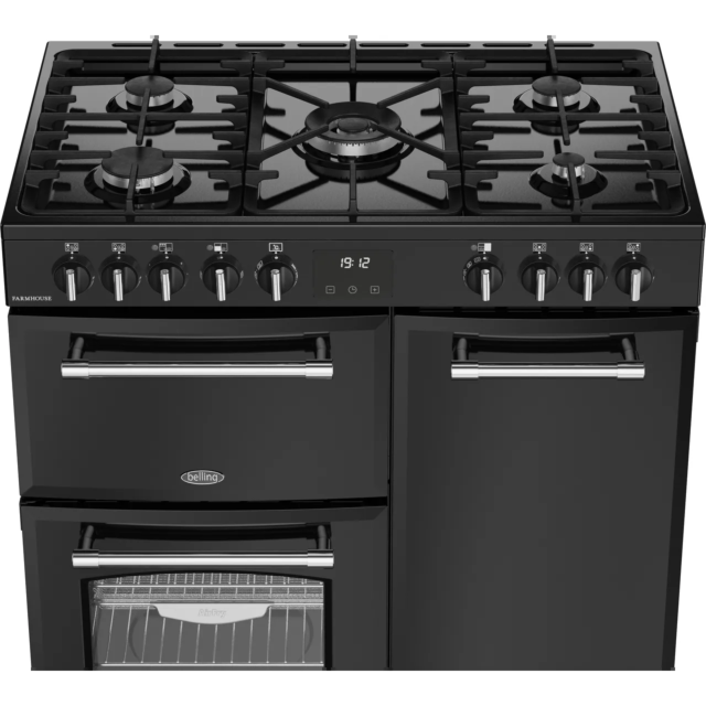 Belling 444411820 FARMHOUSE 90DF BLK Farmhouse 90DF 90cm wide Dual Fuel Range Cooker with Gas Hob -