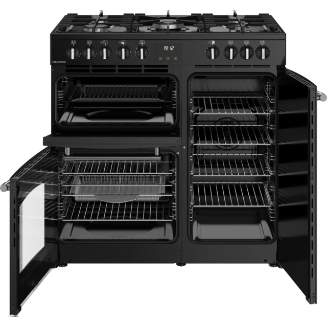 Belling 444411820 FARMHOUSE 90DF BLK Farmhouse 90DF 90cm wide Dual Fuel Range Cooker with Gas Hob -