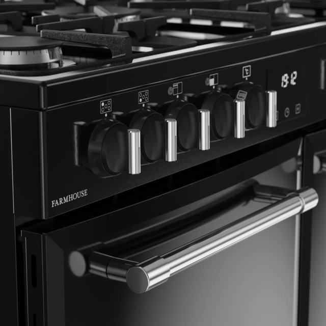 Belling 444411820 FARMHOUSE 90DF BLK Farmhouse 90DF 90cm wide Dual Fuel Range Cooker with Gas Hob -