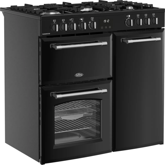 Belling 444411820 FARMHOUSE 90DF BLK Farmhouse 90DF 90cm wide Dual Fuel Range Cooker with Gas Hob -