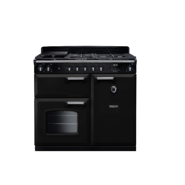 Rangemaster Classic CL100DFPGBL/CM1 100cm wide Dual Fuel Range Cooker with Gas Hob - Black / Chrome