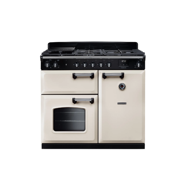 Rangemaster Classic CL100DFPPCR/CM1 100cm wide Dual Fuel Range Cooker with Gas Hob - Pale Cream / Chrome
