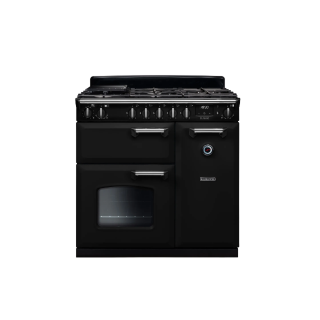Rangemaster Classic CL90DFPGBL/CM1 90cm wide Dual Fuel Range Cooker with Gas Hob - Black / Chrome