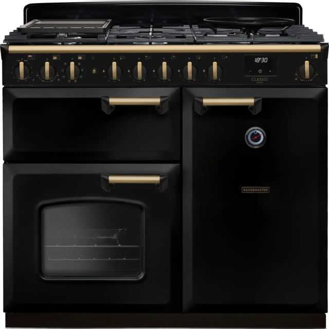 Rangemaster Classic Deluxe 100 Dual Fuel CLDL100DFPGBL/AB1 100cm wide Dual Fuel Range Cooker with Gas Hob - Black / Antique Brass