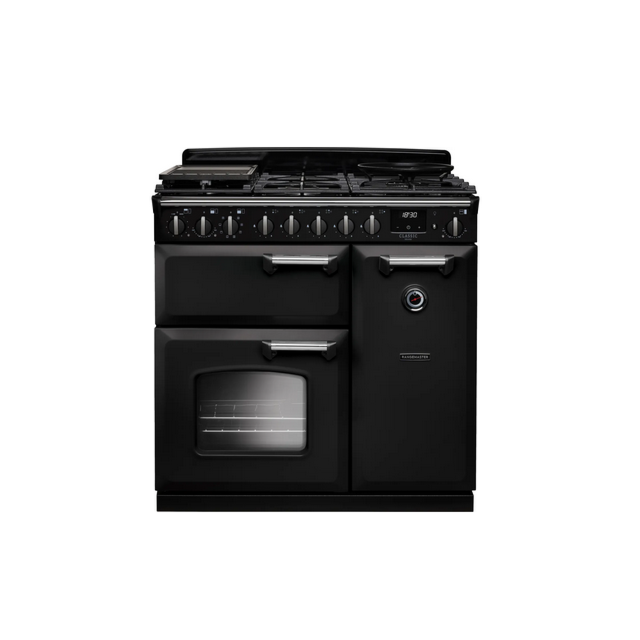 Rangemaster Classic Deluxe CLDL90DFPCBL/CM1 90cm wide Dual Fuel Range Cooker with Gas Hob - Charcoal Black / Chrome