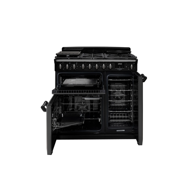 Rangemaster Classic Deluxe CLDL90DFPCBL/CM1 90cm wide Dual Fuel Range Cooker with Gas Hob - Charcoal Black / Chrome