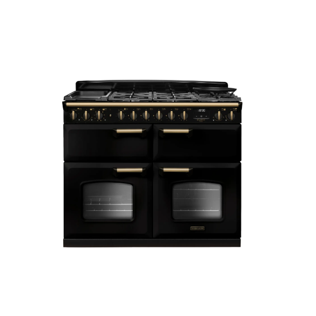 Rangemaster Classic Deluxe 110 CLDLB110DFPGBL/AB1 110cm wide Dual Fuel Range Cooker with Gas Hob - Black / Antique Brass