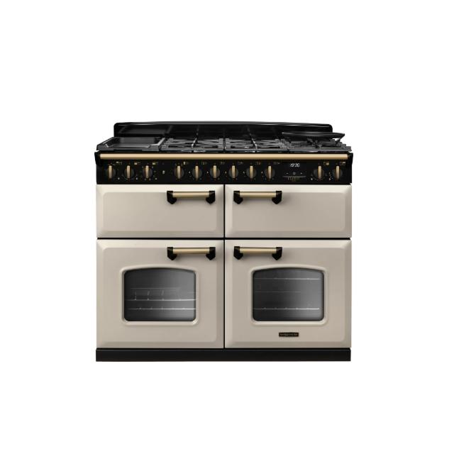 Rangemaster Classic Deluxe 110 CLDLB110DFPPCR/AB1 110cm wide Dual Fuel Range Cooker with Gas Hob - Pale Cream / Antique Brass