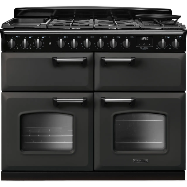 Rangemaster Classic Deluxe CLDLB110DFPSLT/CM1 110cm wide Dual Fuel Range Cooker with Gas Hob - Slate / Chrome