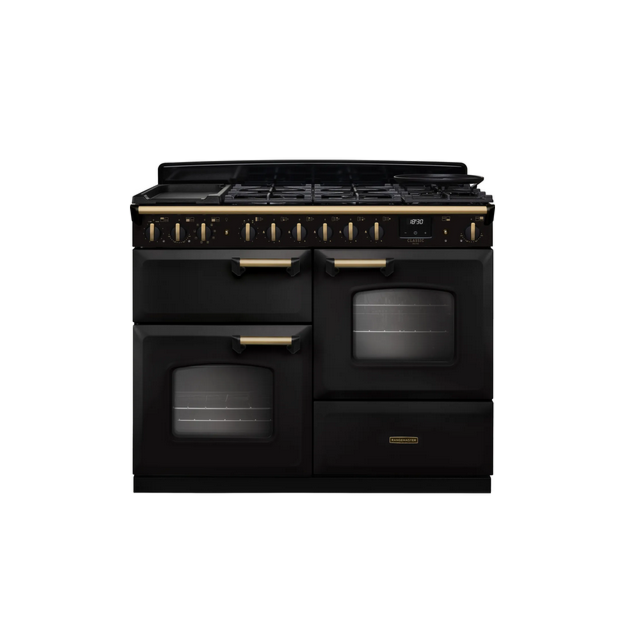 Rangemaster Classic Deluxe 110 CLDLO110DFPCBL/AB1 110cm wide Dual Fuel Range Cooker with Gas Hob - Charcoal Black / Antique Brass
