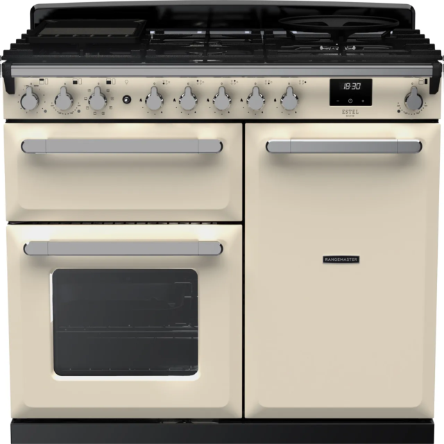 Rangemaster Estel Deluxe ESDL100DFPPCR/CM1 100cm wide Dual Fuel Range Cooker with Gas Hob - Cream / Brass