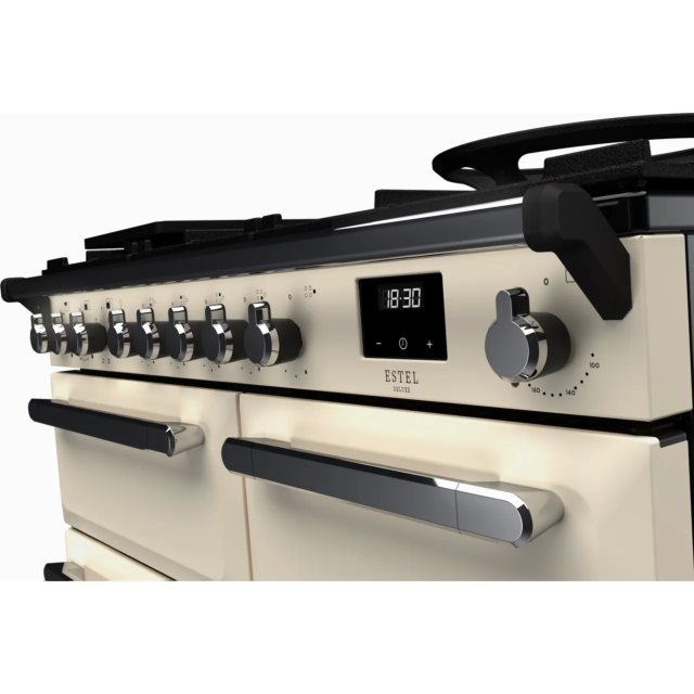 Rangemaster Estel Deluxe ESDL100DFPPCR/CM1 100cm wide Dual Fuel Range Cooker with Gas Hob - Cream / Brass