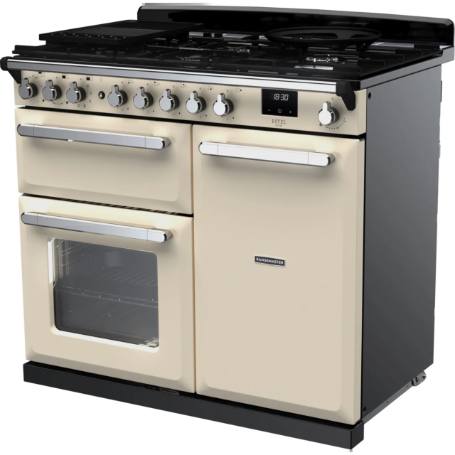 Rangemaster Estel Deluxe ESDL100DFPPCR/CM1 100cm wide Dual Fuel Range Cooker with Gas Hob - Cream / Brass