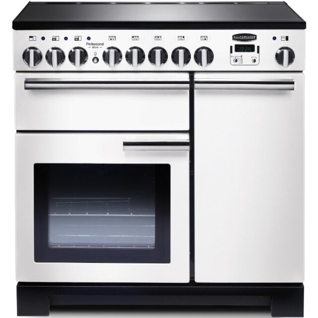 Rangemaster Professional Deluxe PDL90EIWH/C 90cm wide Electric Range Cooker with Induction Hob - White / Chrome