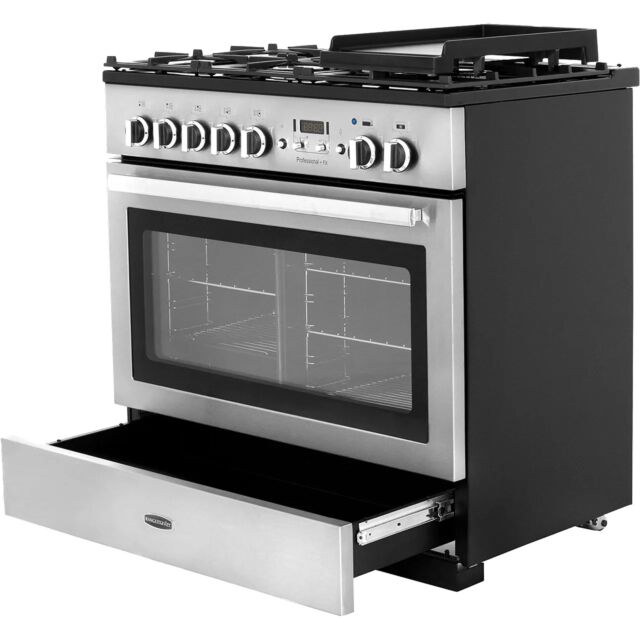 Rangemaster Professional Plus FX PROP90FXDFFSS/C 90cm wide Dual Fuel Range Cooker with Gas Hob - Stainless Steel / Chrome